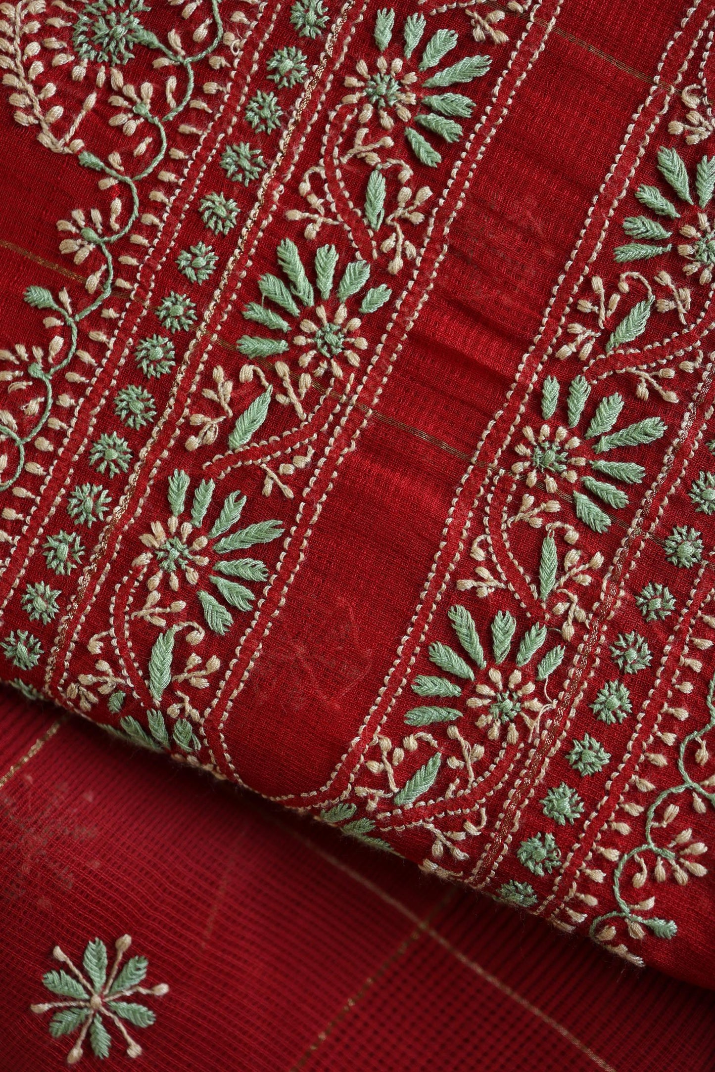Red Shade Tissue Zari Kota Chikankari Unstitched Fabric