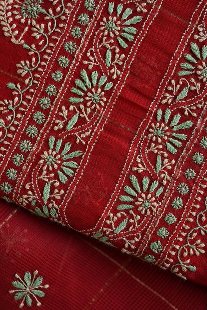 Red Shade Tissue Zari Kota Chikankari Unstitched Fabric