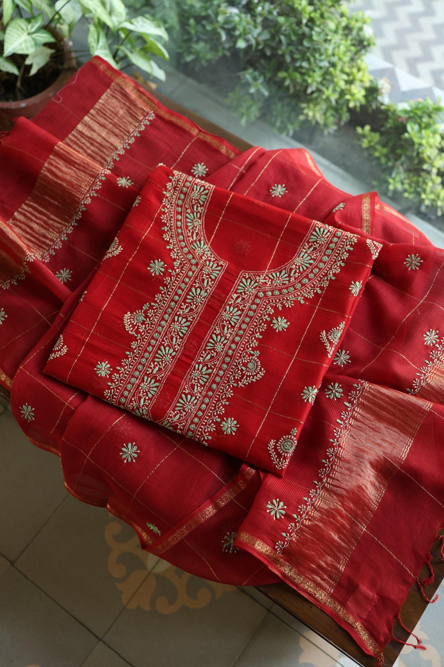 Red Shade Tissue Zari Kota Chikankari Unstitched Fabric