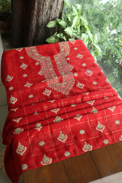 Red Shade Tissue Zari Kota Chikankari Unstitched Fabric