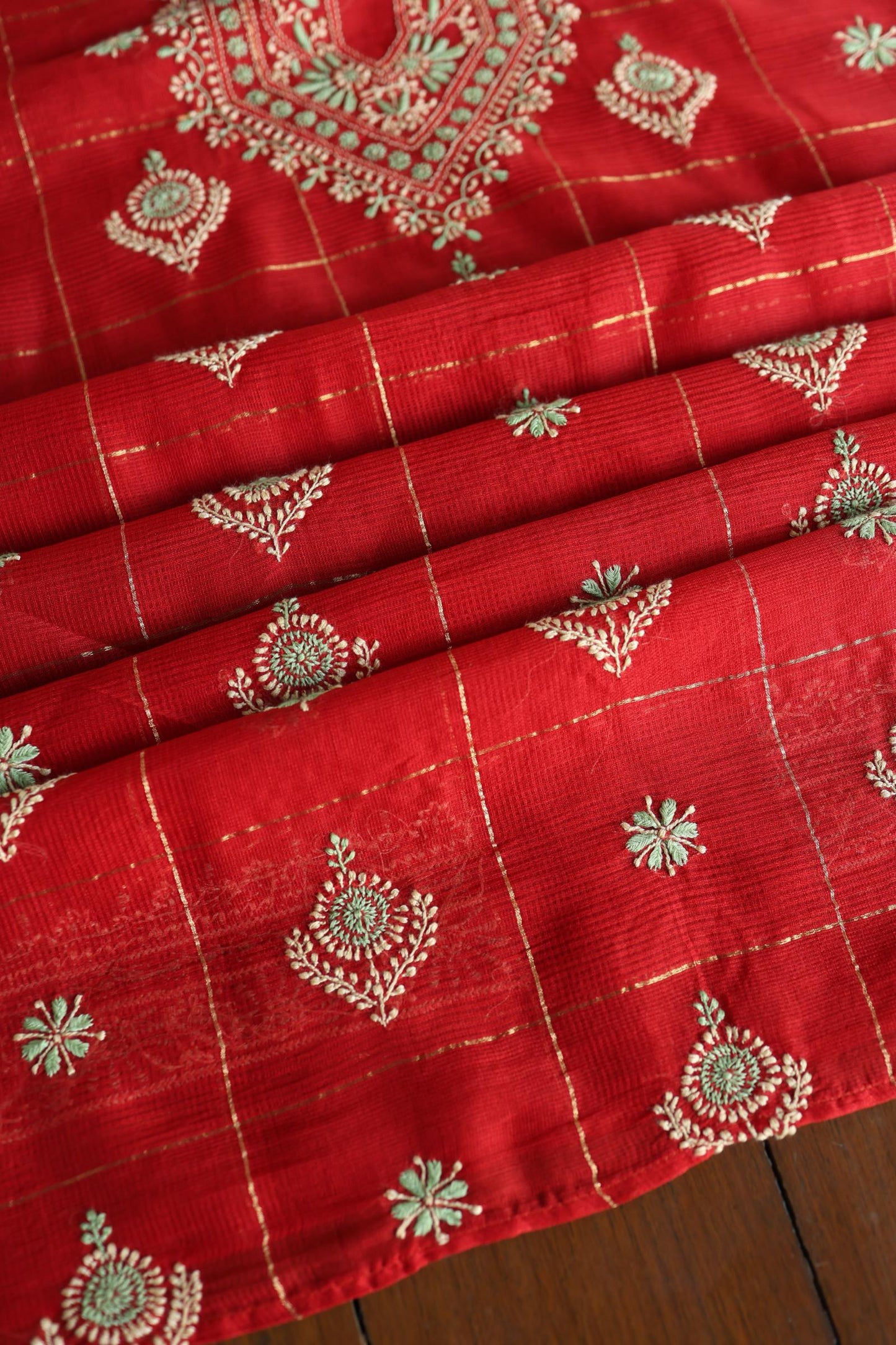 Red Shade Tissue Zari Kota Chikankari Unstitched Fabric