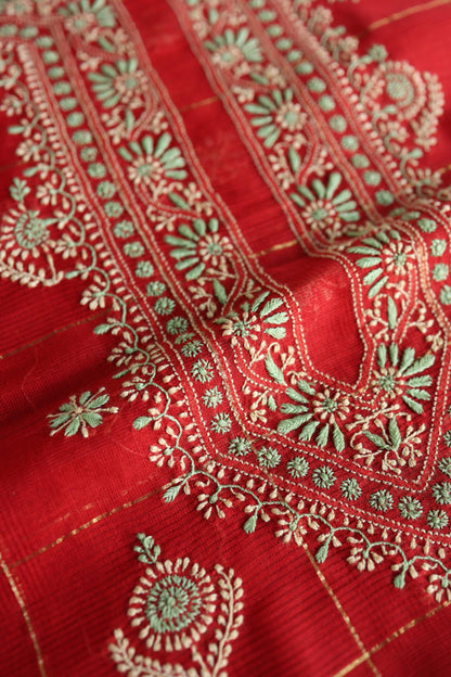 Red Shade Tissue Zari Kota Chikankari Unstitched Fabric