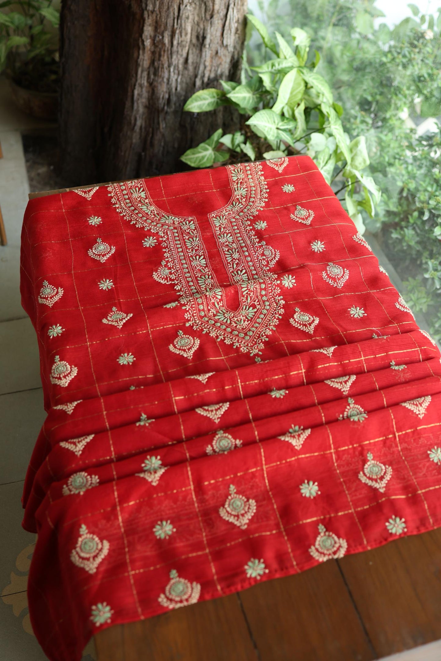 Red Shade Tissue Zari Kota Chikankari Unstitched Fabric