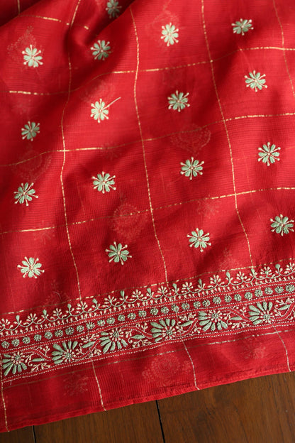 Red Shade Tissue Zari Kota Chikankari Unstitched Fabric