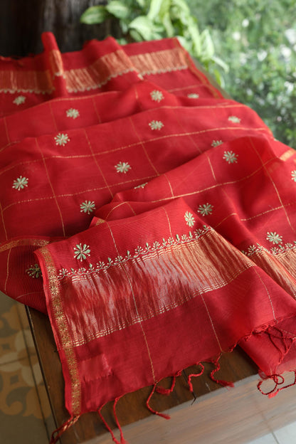 Red Shade Tissue Zari Kota Chikankari Unstitched Fabric