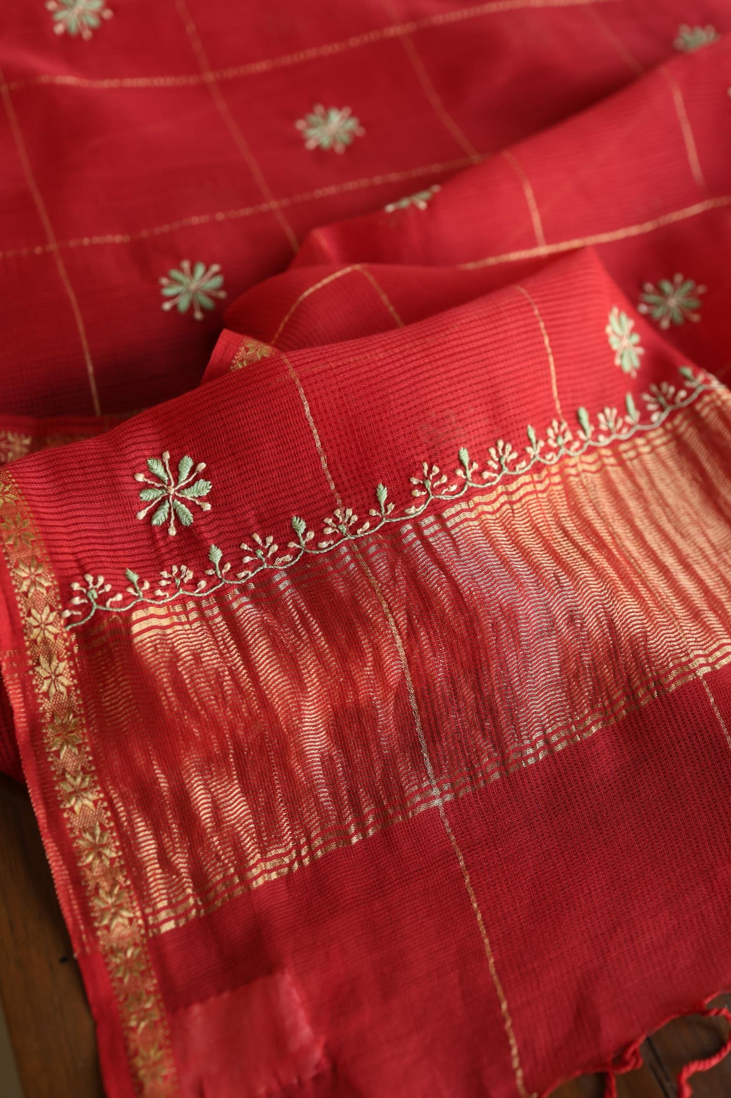 Red Shade Tissue Zari Kota Chikankari Unstitched Fabric