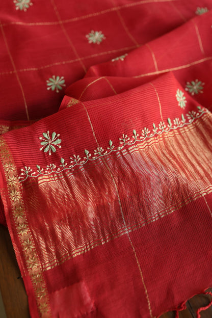 Red Shade Tissue Zari Kota Chikankari Unstitched Fabric