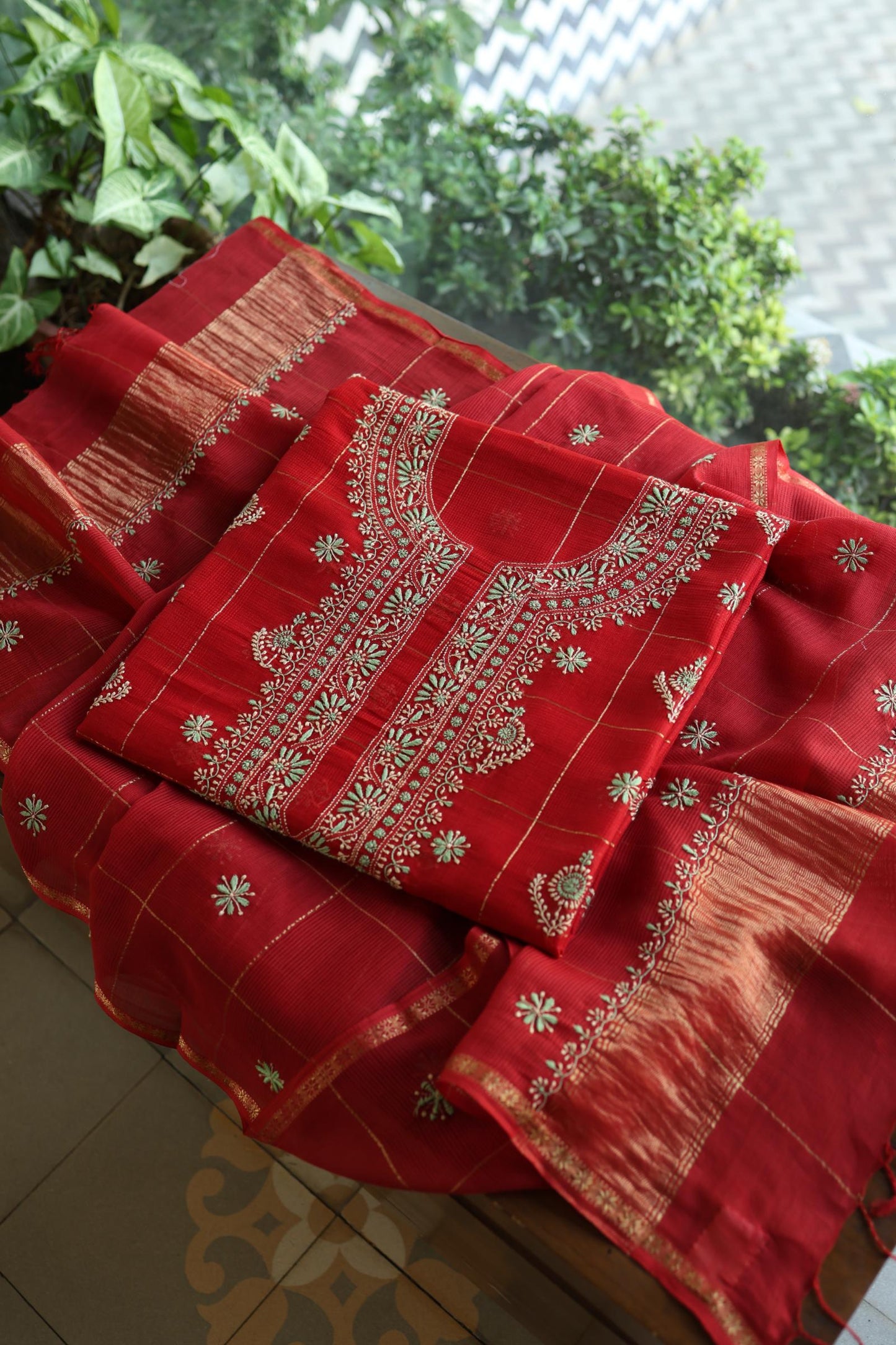 Red Shade Tissue Zari Kota Chikankari Unstitched Fabric