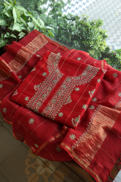 Red Shade Tissue Zari Kota Chikankari Unstitched Fabric