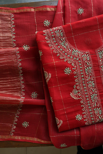 Red Shade Tissue Zari Kota Chikankari Unstitched Fabric