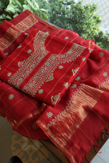 Red Shade Tissue Zari Kota Chikankari Unstitched Fabric