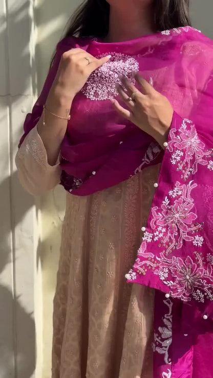 Red Violet Shade Fine Chikankari Organza Mukaish Dupatta