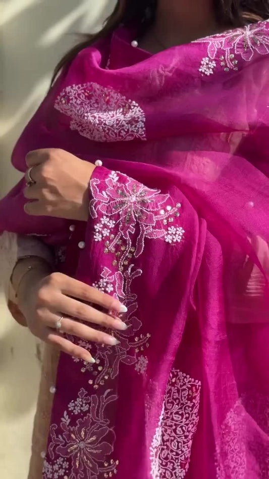 Red Violet Shade Fine Chikankari Organza Mukaish Dupatta