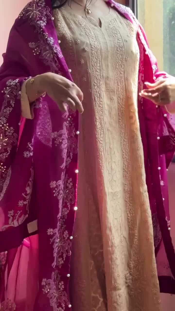 Red Violet Shade Fine Chikankari Organza Mukaish Dupatta