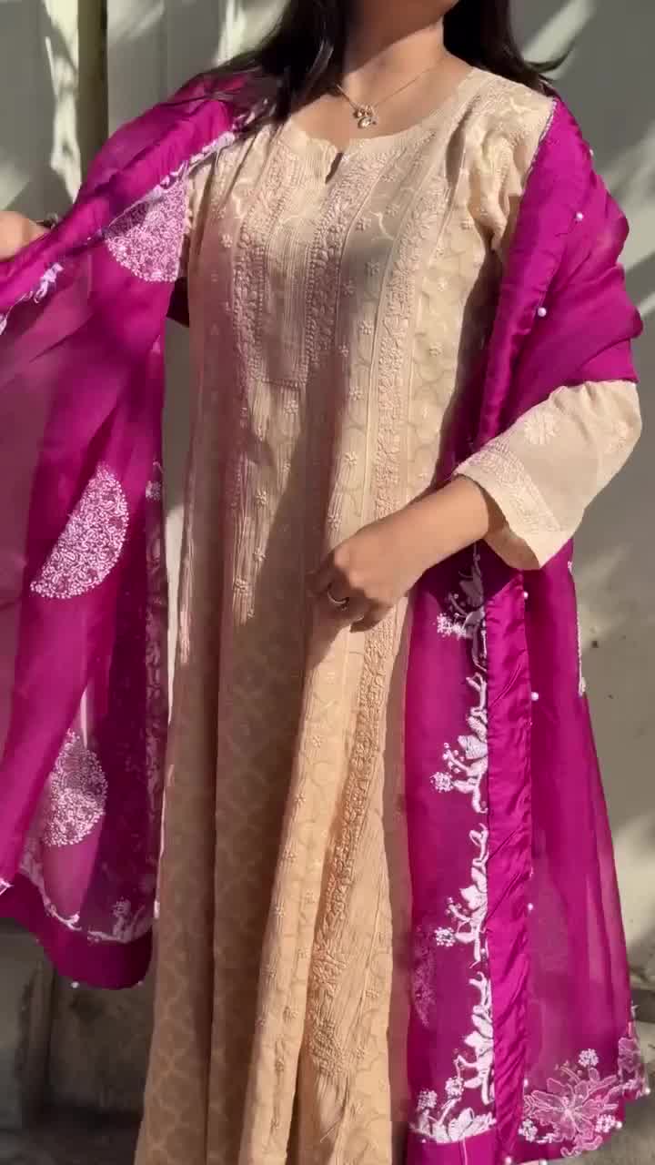 Red Violet Shade Fine Chikankari Organza Mukaish Dupatta