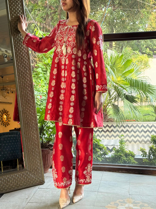 Red Zari Chanderi Chikankari Co-Ord Set