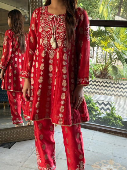 Red Zari Chanderi Chikankari Co-Ord Set