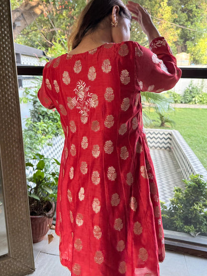 Red Zari Chanderi Chikankari Co-Ord Set