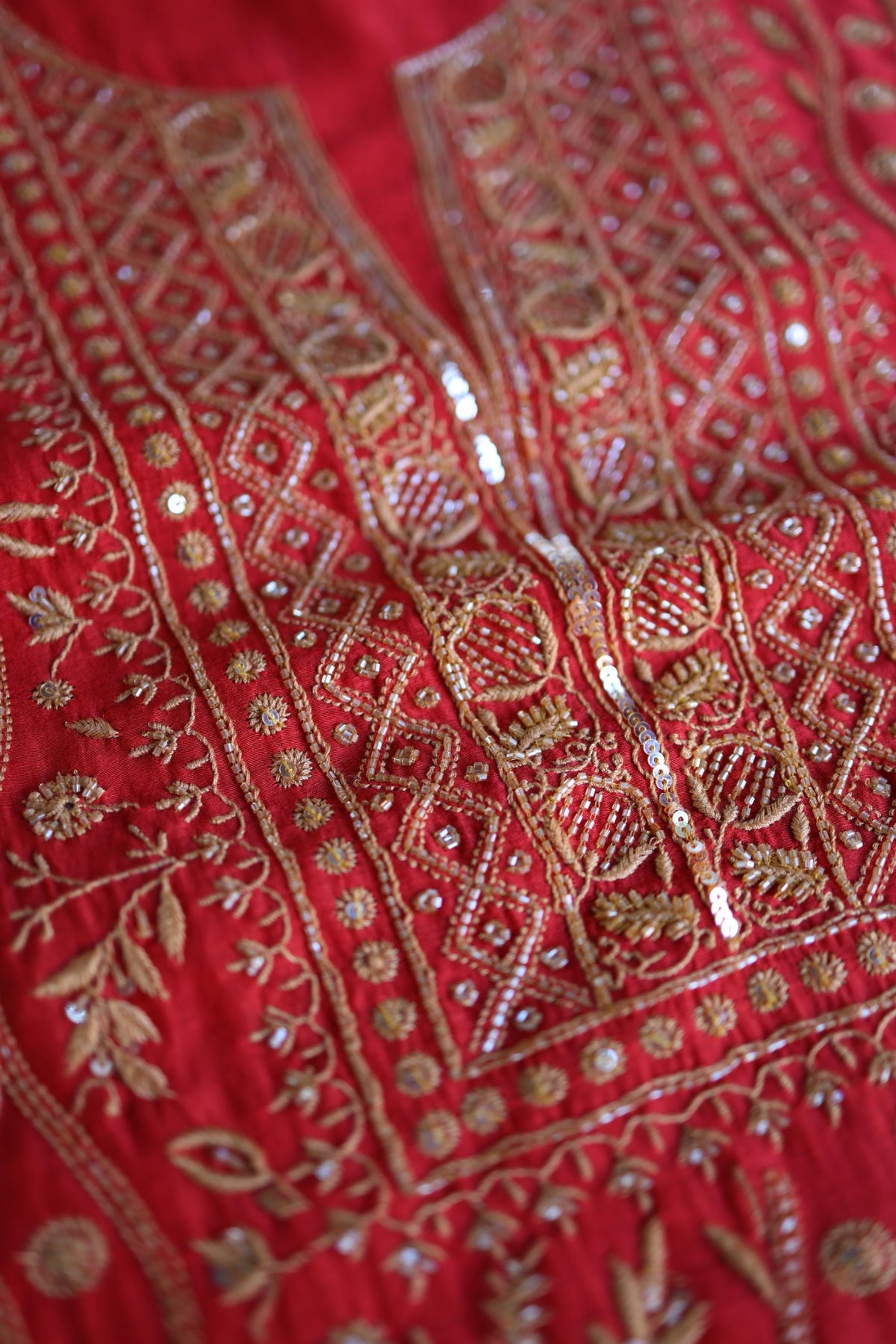 Red & Beige Shade Mal Chanderi Silk Chikankari With Sequins Unstitched Kurta Dupatta Set