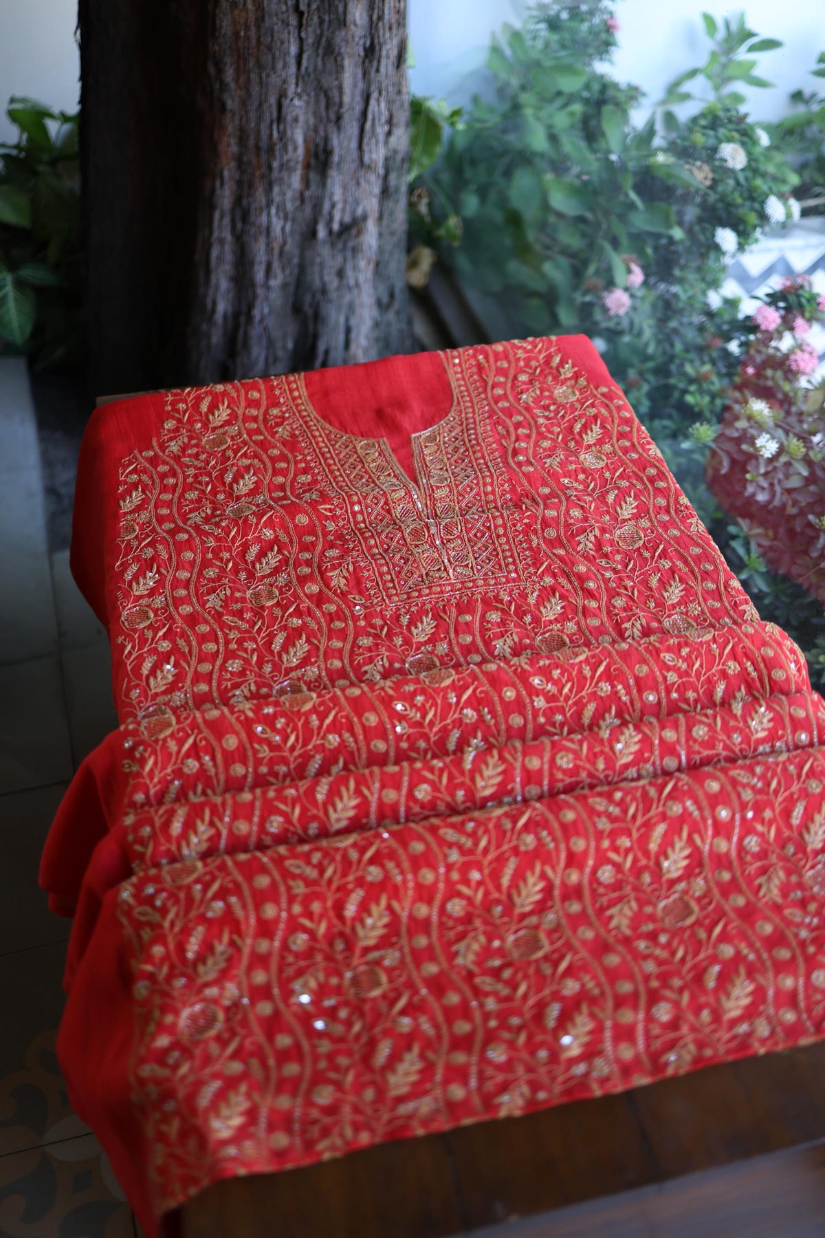 Red & Beige Shade Mal Chanderi Silk Chikankari With Sequins Unstitched Kurta Dupatta Set