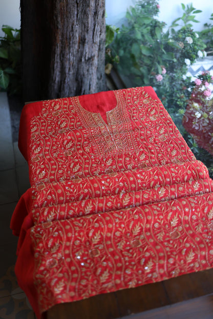 Red & Beige Shade Mal Chanderi Silk Chikankari With Sequins Unstitched Kurta Dupatta Set