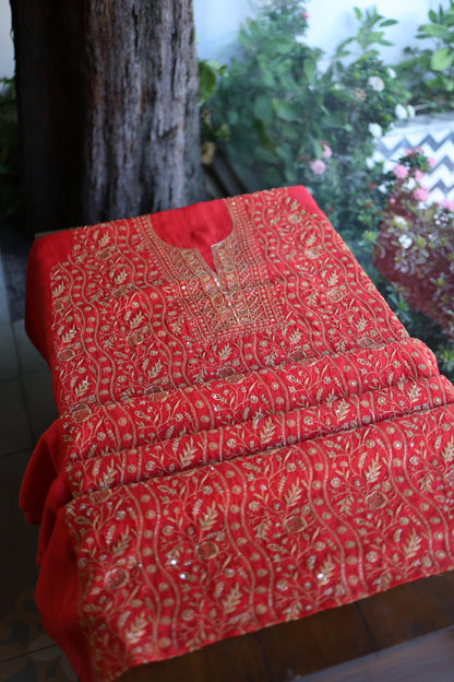 Red & Beige Shade Mal Chanderi Silk Chikankari With Sequins Unstitched Kurta Dupatta Set