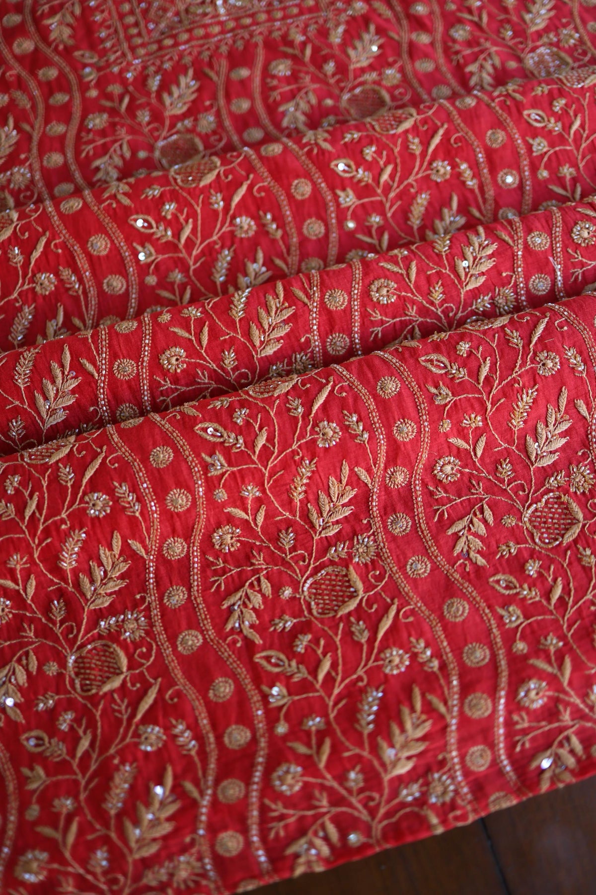 Red & Beige Shade Mal Chanderi Silk Chikankari With Sequins Unstitched Kurta Dupatta Set