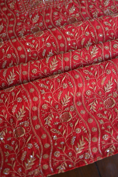 Red & Beige Shade Mal Chanderi Silk Chikankari With Sequins Unstitched Kurta Dupatta Set