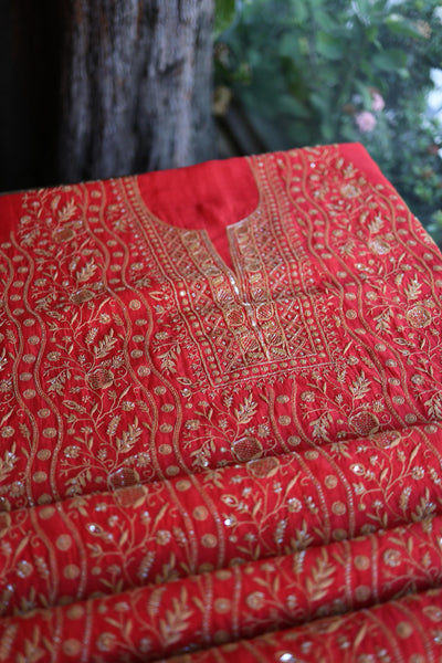 Red & Beige Shade Mal Chanderi Silk Chikankari With Sequins Unstitched Kurta Dupatta Set