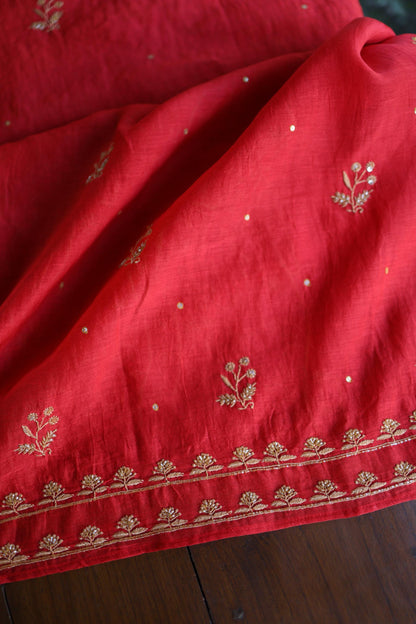 Red & Beige Shade Mal Chanderi Silk Chikankari With Sequins Unstitched Kurta Dupatta Set