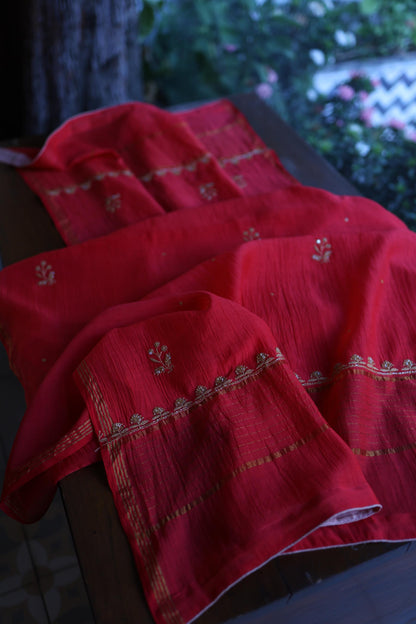Red & Beige Shade Mal Chanderi Silk Chikankari With Sequins Unstitched Kurta Dupatta Set