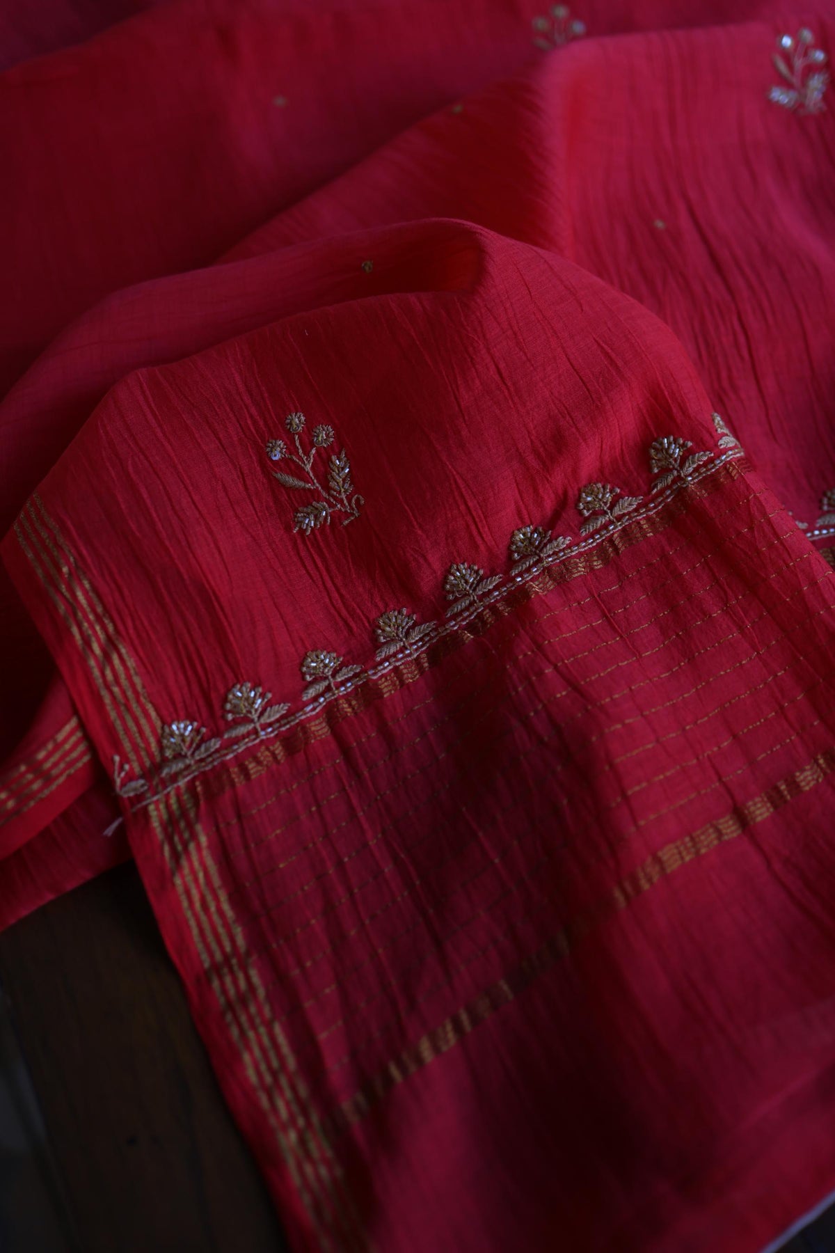 Red & Beige Shade Mal Chanderi Silk Chikankari With Sequins Unstitched Kurta Dupatta Set