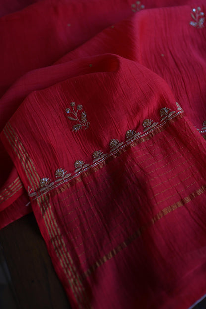 Red & Beige Shade Mal Chanderi Silk Chikankari With Sequins Unstitched Kurta Dupatta Set