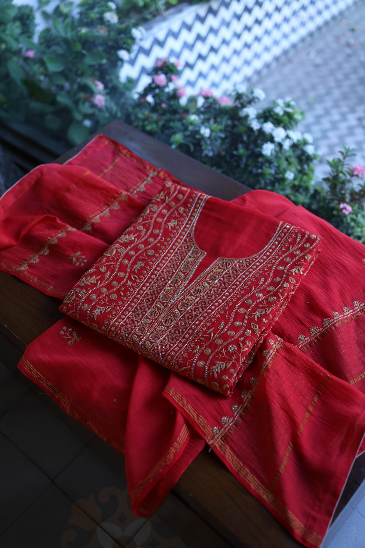 Red & Beige Shade Mal Chanderi Silk Chikankari With Sequins Unstitched Kurta Dupatta Set
