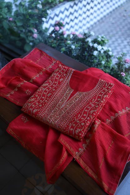 Red & Beige Shade Mal Chanderi Silk Chikankari With Sequins Unstitched Kurta Dupatta Set