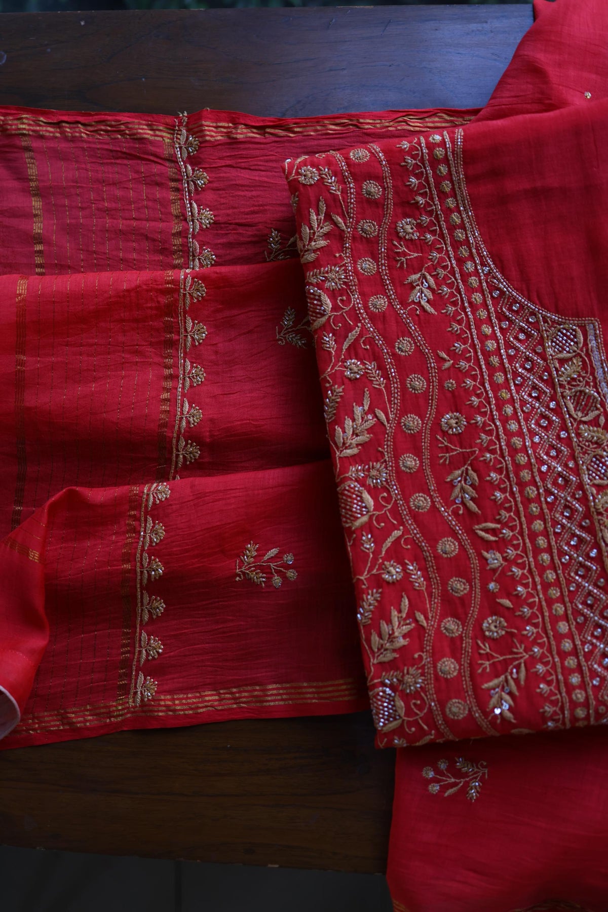Red & Beige Shade Mal Chanderi Silk Chikankari With Sequins Unstitched Kurta Dupatta Set
