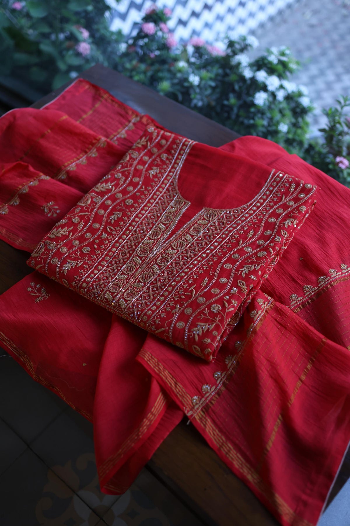 Red & Beige Shade Mal Chanderi Silk Chikankari With Sequins Unstitched Kurta Dupatta Set