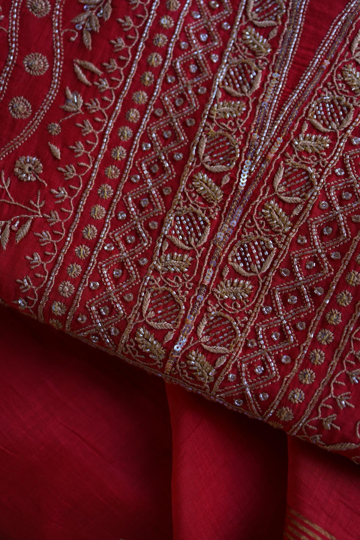 Red & Beige Shade Mal Chanderi Silk Chikankari With Sequins Unstitched Kurta Dupatta Set