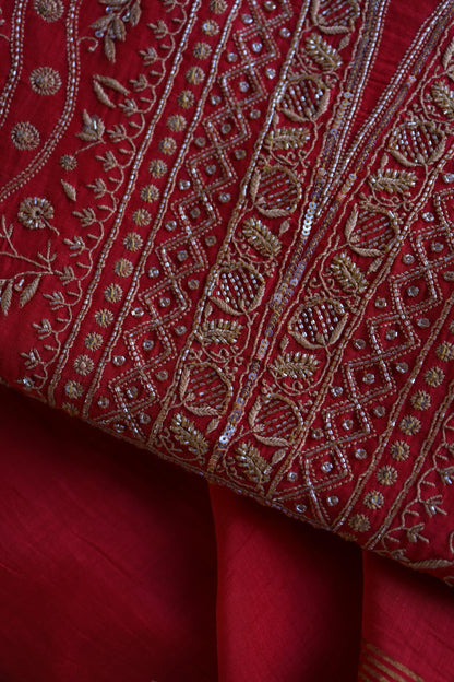 Red & Beige Shade Mal Chanderi Silk Chikankari With Sequins Unstitched Kurta Dupatta Set