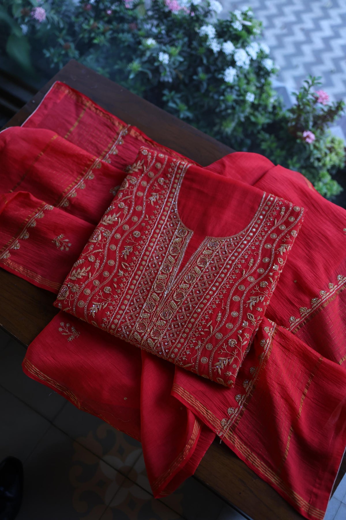 Red & Beige Shade Mal Chanderi Silk Chikankari With Sequins Unstitched Kurta Dupatta Set