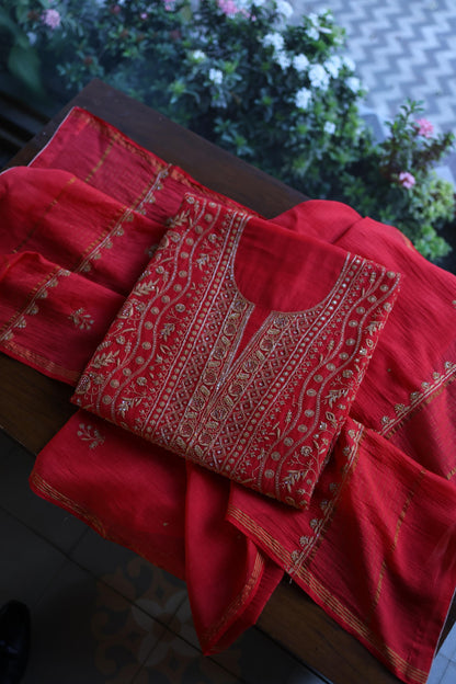 Red & Beige Shade Mal Chanderi Silk Chikankari With Sequins Unstitched Kurta Dupatta Set