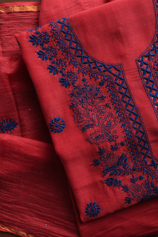 Red & Blue Mal Cotton Chikankari Unstitched Fabrics With Kamdani