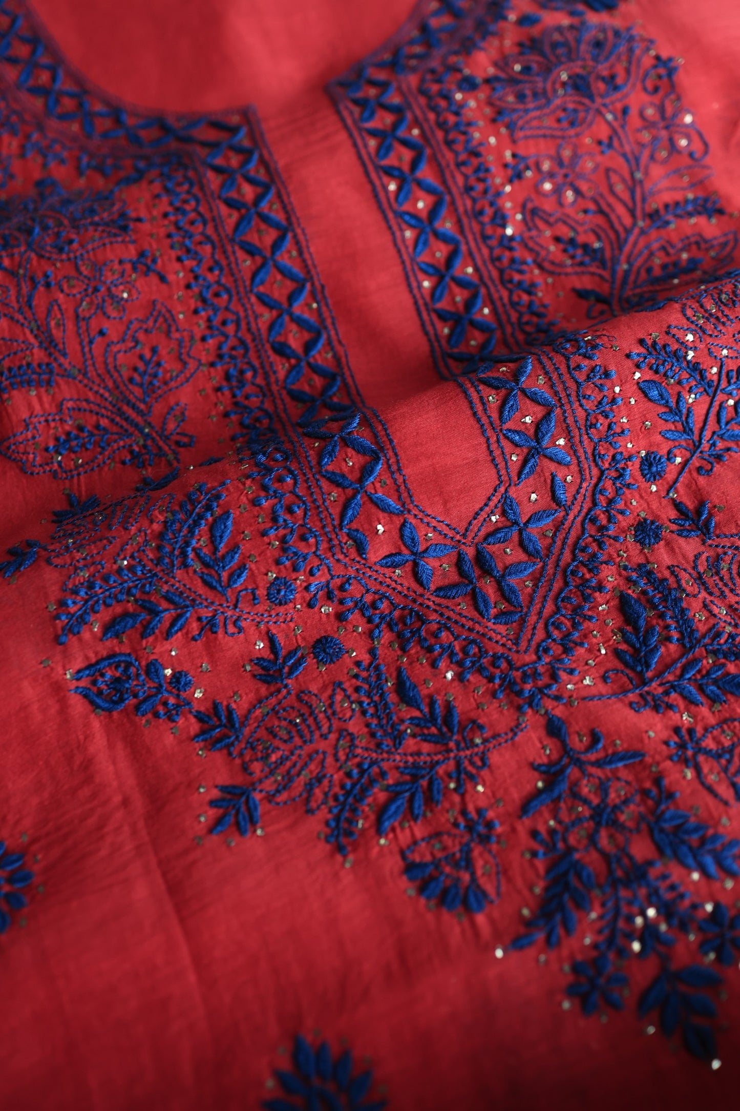 Red & Blue Mal Cotton Chikankari Unstitched Fabrics With Kamdani