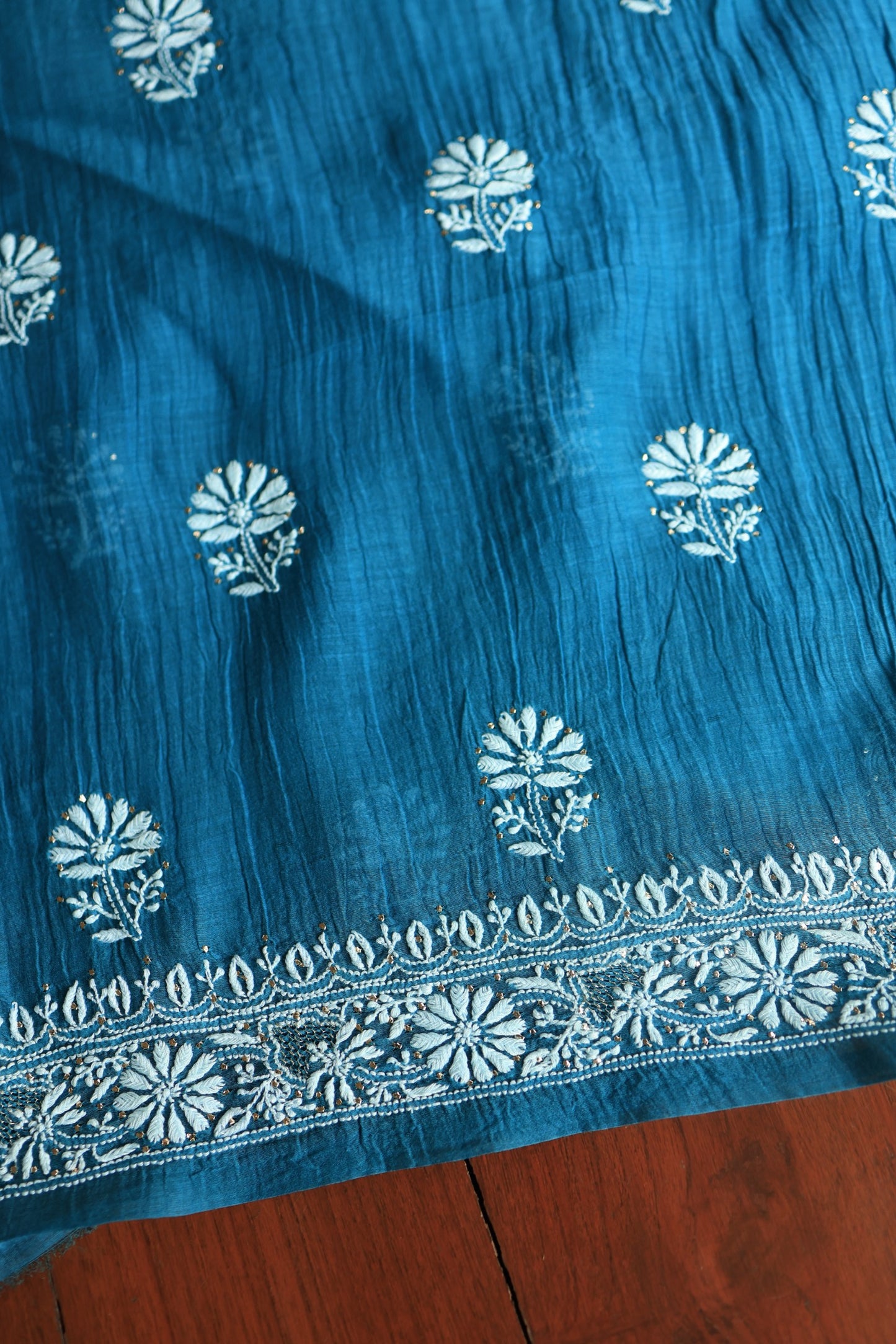 Prussian Blue Mal Cotton Chikankari Unstitched Fabrics With Kamdani