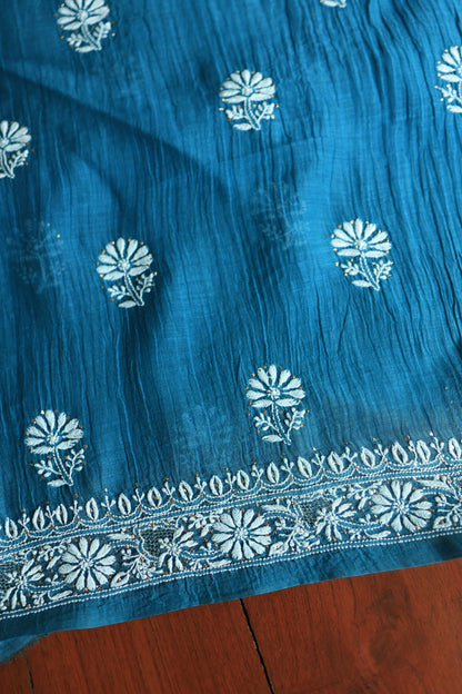 Prussian Blue Mal Cotton Chikankari Unstitched Fabrics With Kamdani