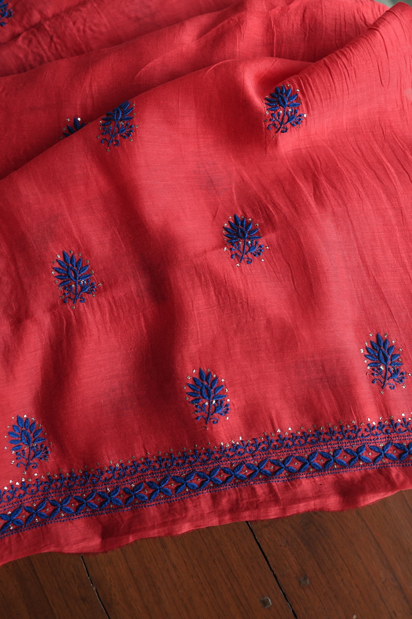 Red & Blue Mal Cotton Chikankari Unstitched Fabrics With Kamdani
