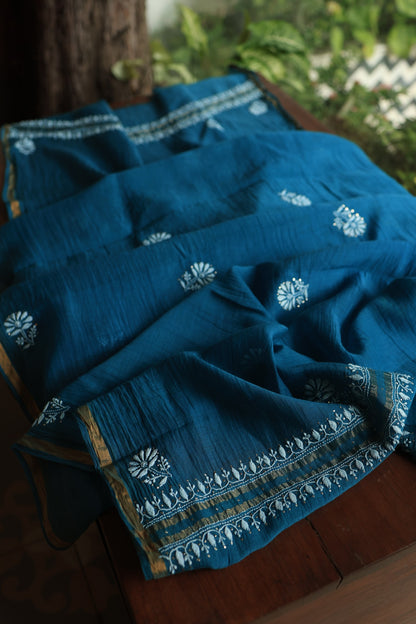 Prussian Blue Mal Cotton Chikankari Unstitched Fabrics With Kamdani