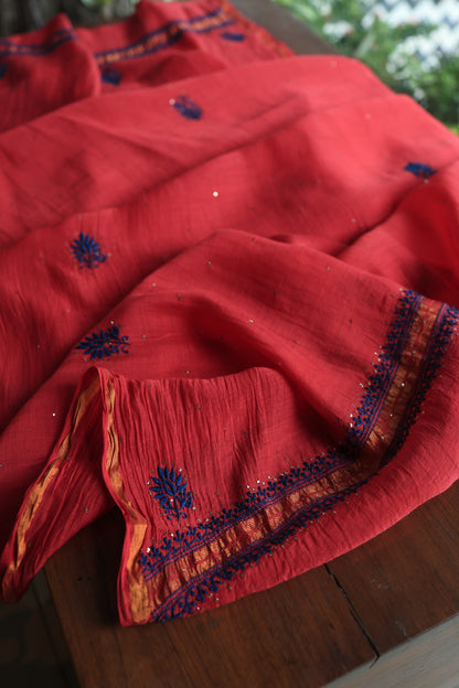 Red & Blue Mal Cotton Chikankari Unstitched Fabrics With Kamdani
