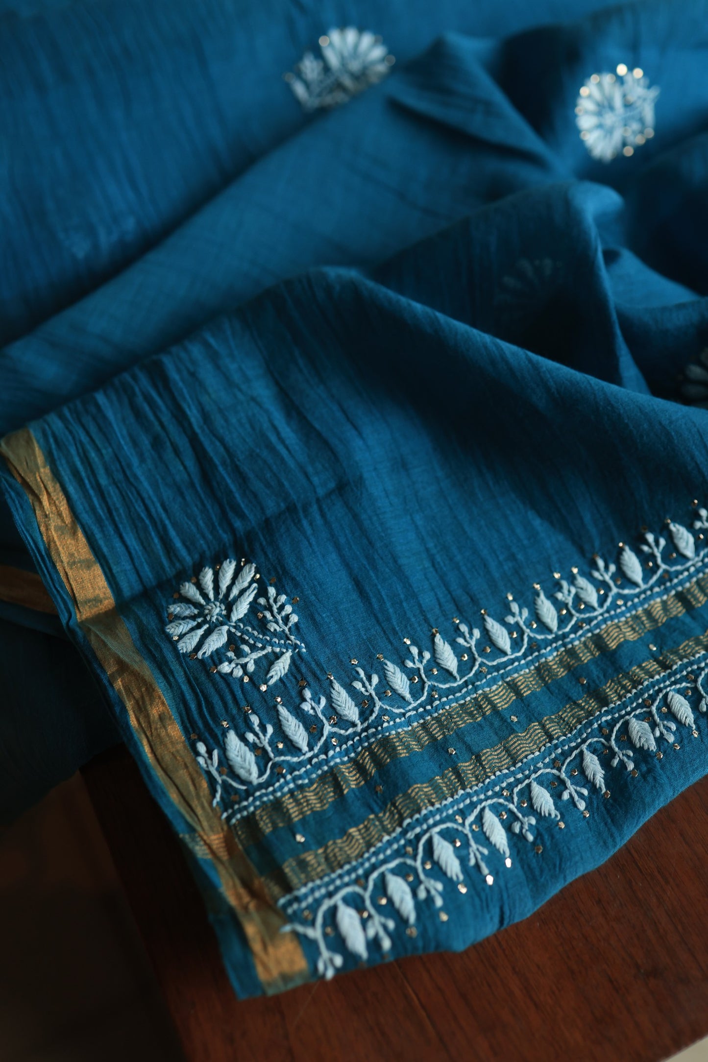 Prussian Blue Mal Cotton Chikankari Unstitched Fabrics With Kamdani