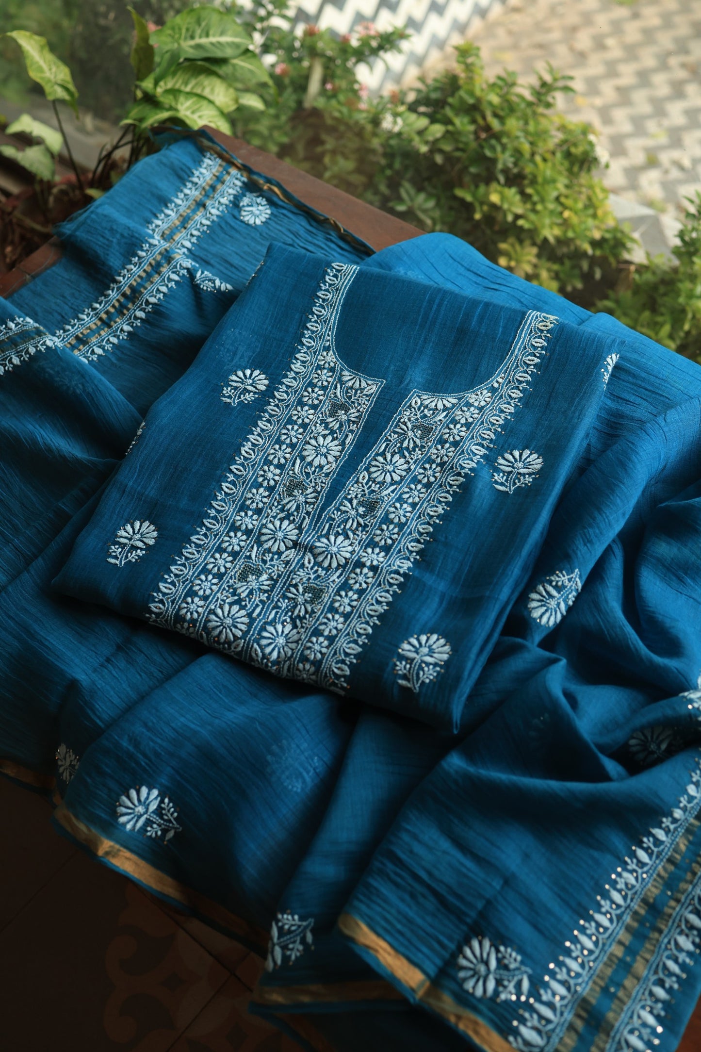 Prussian Blue Mal Cotton Chikankari Unstitched Fabrics With Kamdani